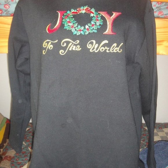 QUACKER FACTORY * Joy to the World embroidered BLACK Tunic Sweatshirt TOP * S M - Picture 3 of 7